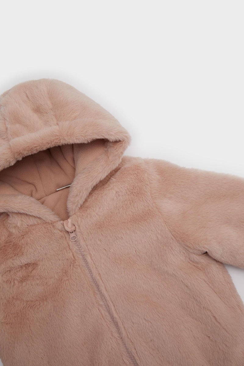 DeFacto Pink BabyGirl Baby Girl Plush Zip-Up Hooded Jacket Casual - Image 3
